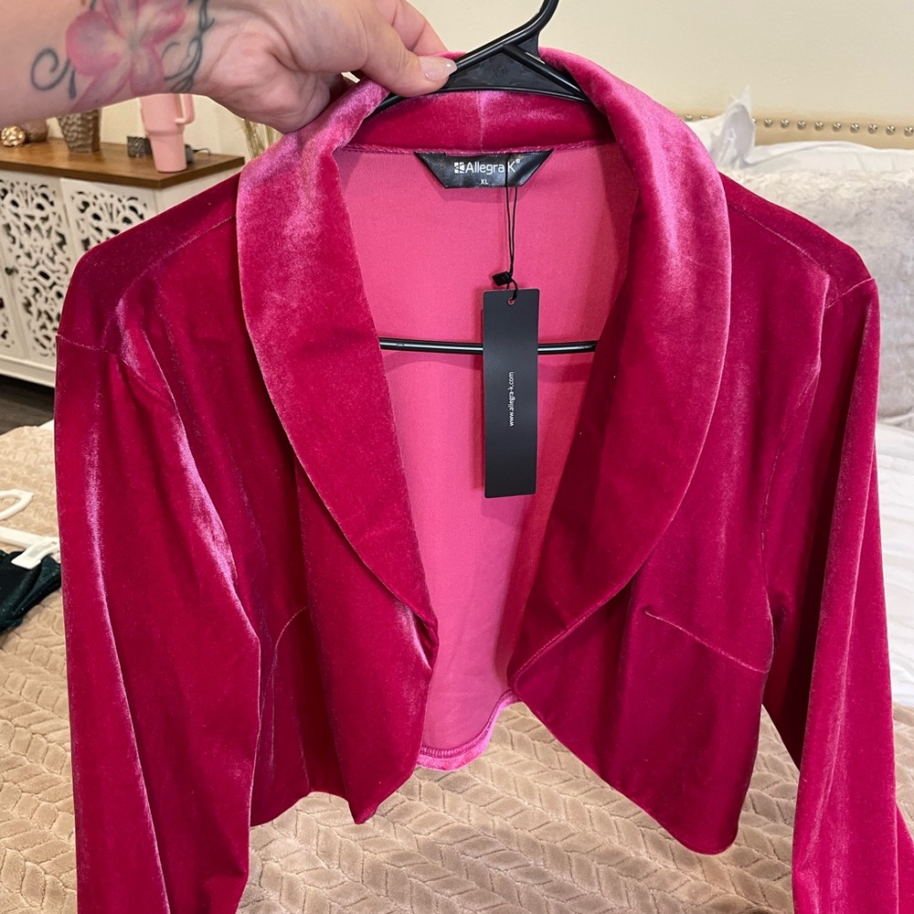 Allegra K Pink Velvet Cropped Bolero Blazer
